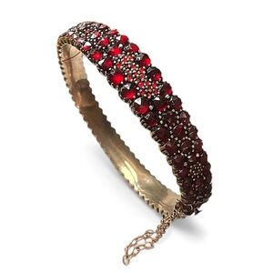 Antique Bohemian Garnet Three Row Bangle Bracelet Safety Chain